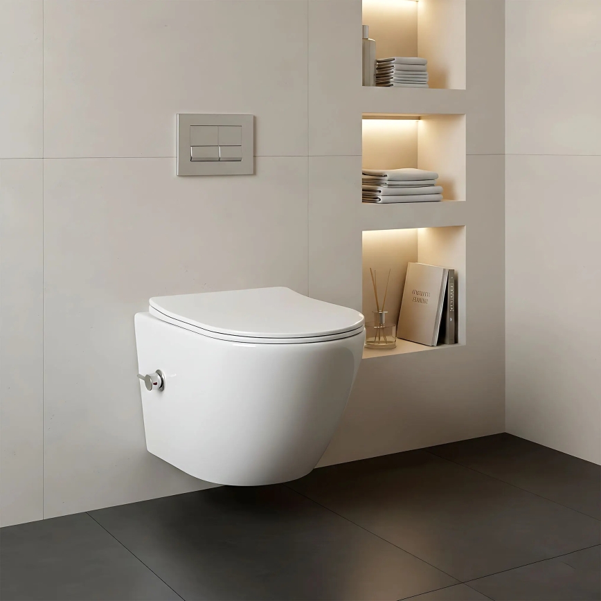 REA-C9701 - Závesné WC CARLO LUX s bidetovou sprchou a sedátkom, keramika/biela