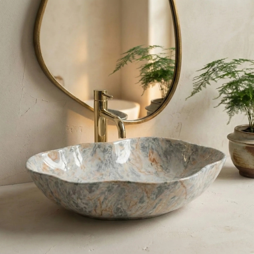 REA-U0620 - Umývadlo na dosku PEARL 38x50,5 cm keramika/šedá/béžová/imitácia kameňa