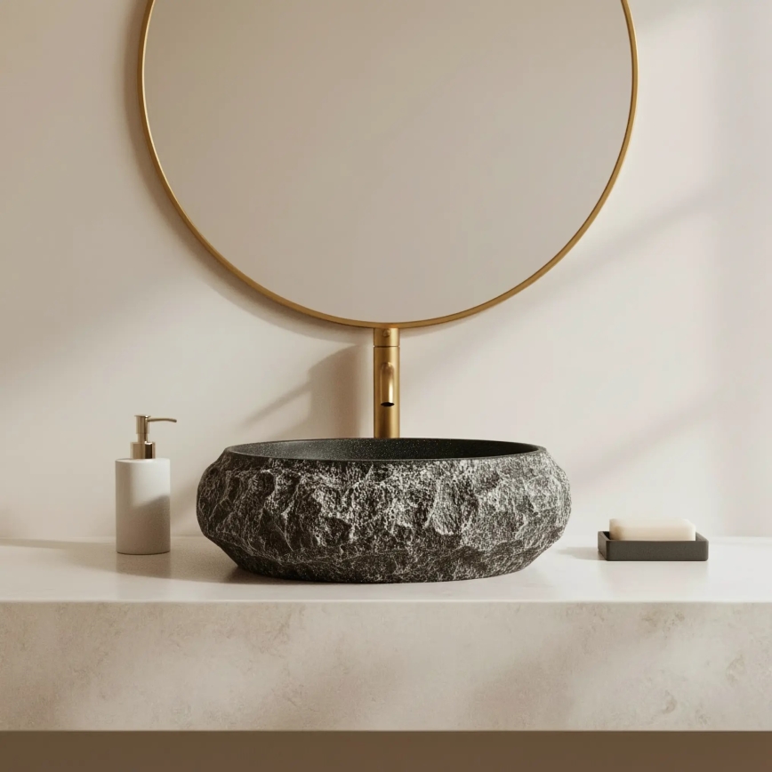 REA-U0634 - Umývadlo na dosku MIKA GABRO 38x50 cm čierna/imitácia kameňa