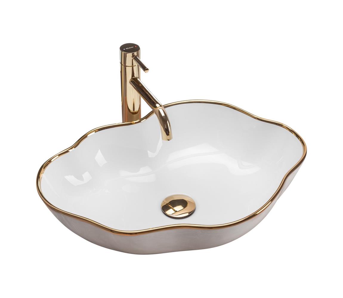 REA-U0696 - Umývadlo na dosku PEARL 38x50,5 cm keramika/lesklá biela/zlatá REA-U0696