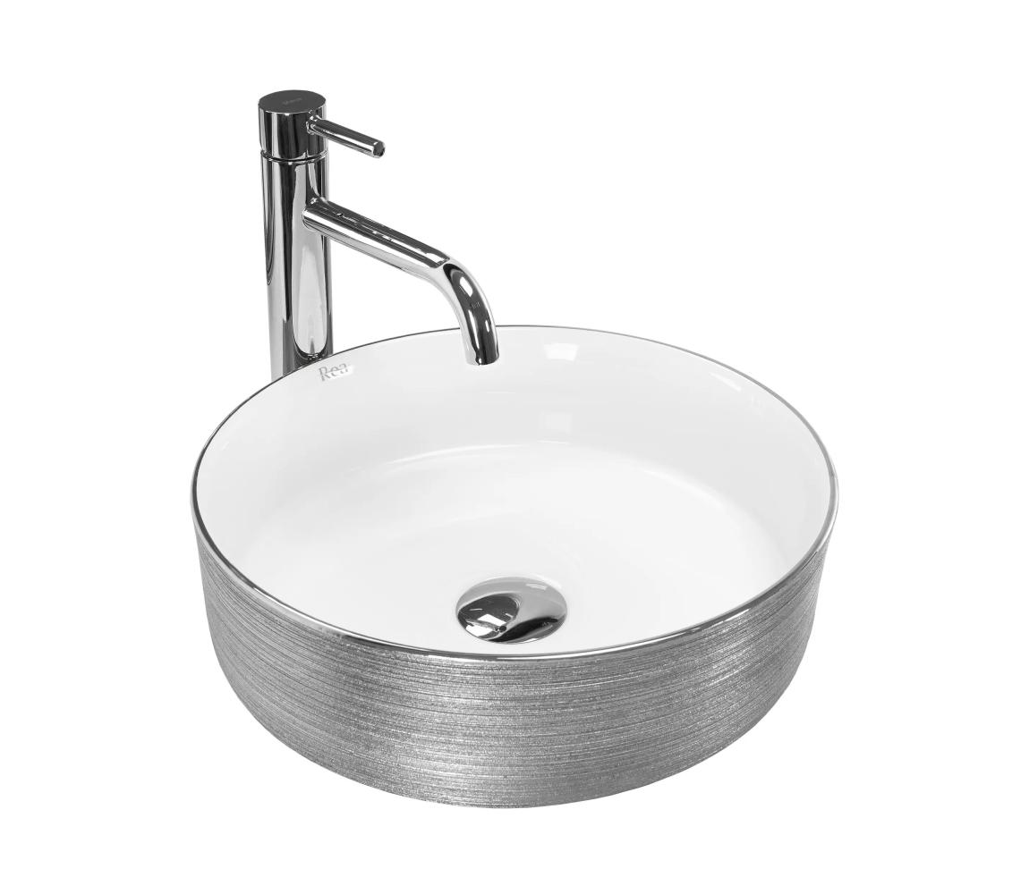 REA-U3304 - Umývadlo na dosku SAMI, priemer 36 cm, keramika/biela/strieborná REA-U3304