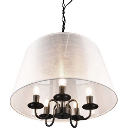 Závesné svietidlo s piatimi žiarovkami visí zo stropu na reťazi. Svietidlo má čierny kovový rám a veľký biely tienidlo.