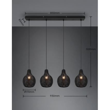 Reality - Závesný luster na lanku SPROUT 4xE14/30W/230V čierna/ratan