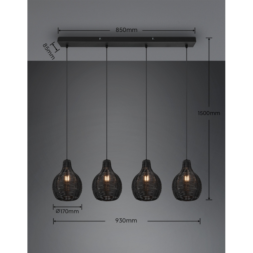 Reality - Závesný luster na lanku SPROUT 4xE14/30W/230V čierna/ratan
