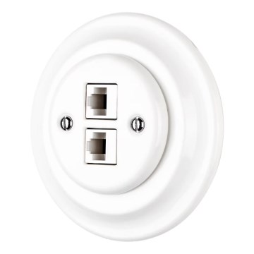 Reblig - Biela porcelánová retro ethernetová zásuvka s rámčekom 2x CAT.5E