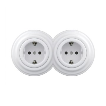Reblig - Dvojitá retro domová zásuvka s rámčekom SCHUKO 230V snehovo biela