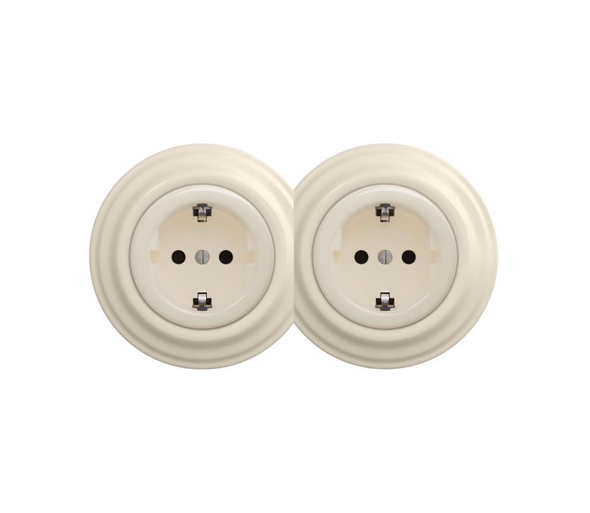 Reblig - Dvojitá retro domová zásuvka s rámikom SCHUKO 230 V béžová 2xRG0135+2xRG0144