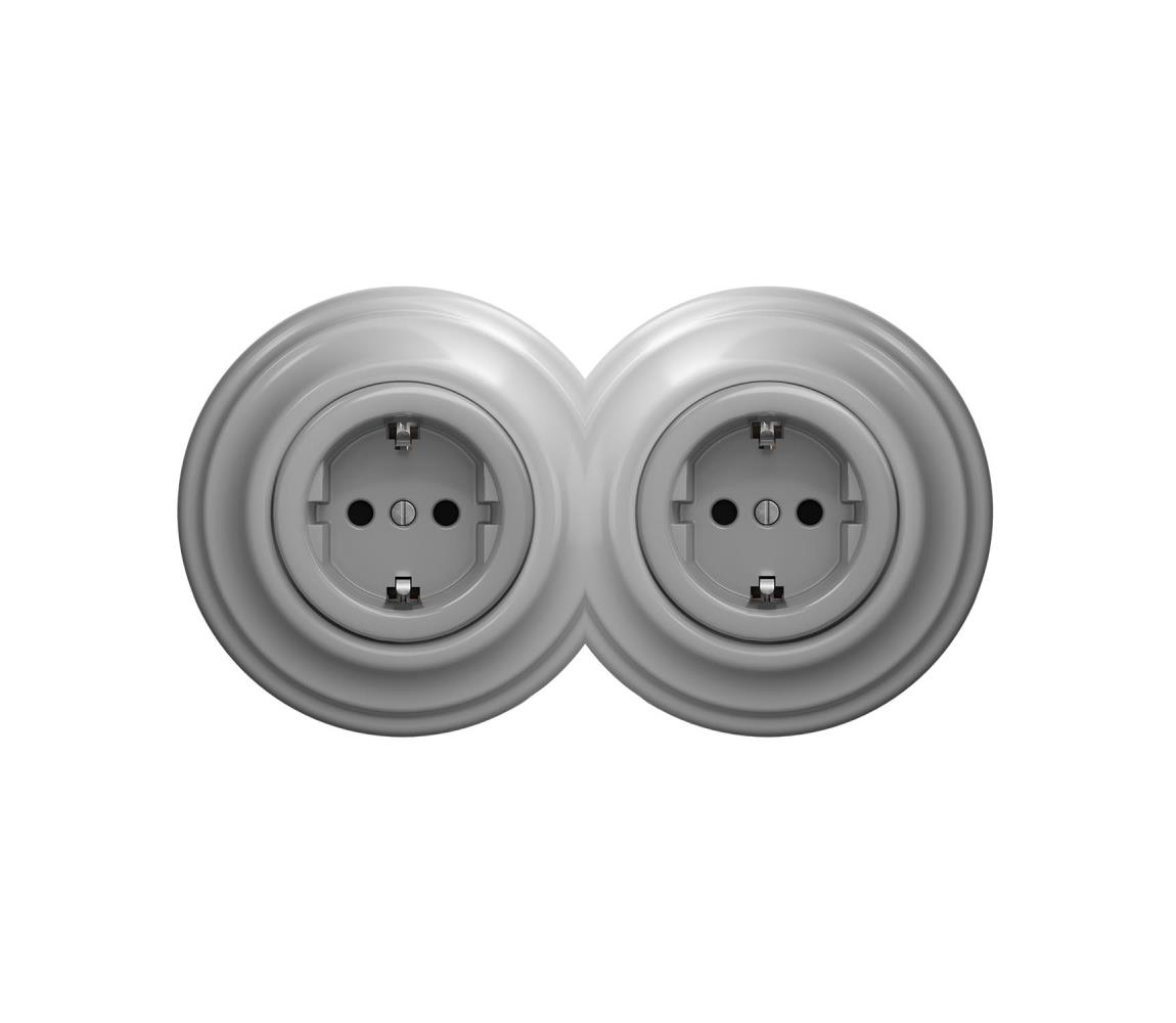 Reblig - Dvojitá retro domová zásuvka s rámikom SCHUKO 230V sivá 2xRG0053+2xRG0111
