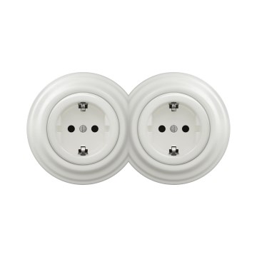 Reblig – dvojitá retro domová zásuvka so rámikom SCHUKO 230 V keramická biela