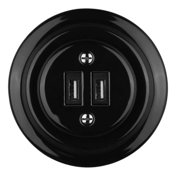 Reblig - porcelánová retro USB napájacia zásuvka s rámčekom, 2× USB-A, čierna