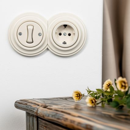 Reblig - Retro jednopólový vypínač č. 1 a zásuvka SCHUKO 230V s rámčekom béžová