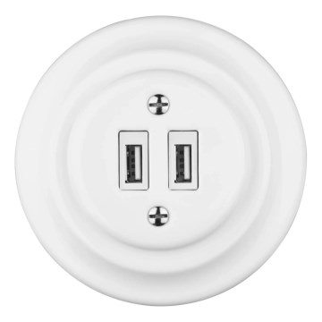 Reblig - Retro porcelánová USB napájacia zásuvka s rámikom, 2× USB-A, biela