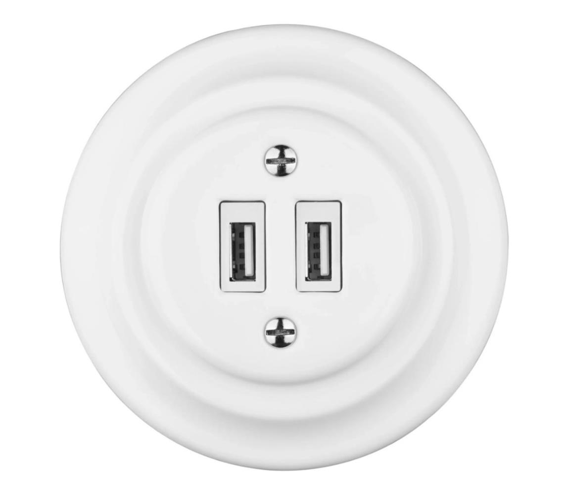 Reblig - Retro porcelánová USB napájacia zásuvka s rámikom, 2× USB-A, biela RGUSB-W