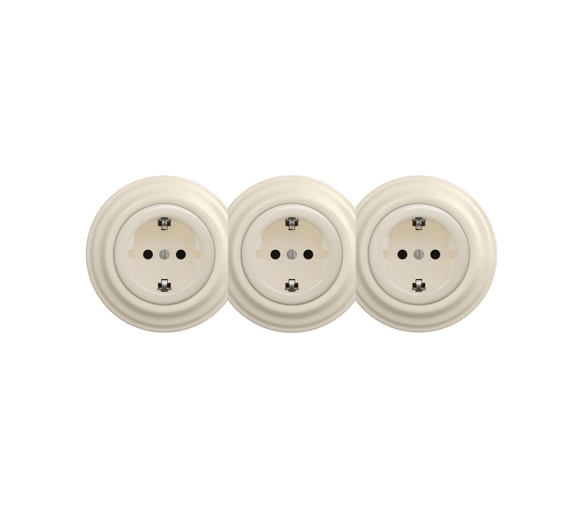 Reblig - Trojitá retro domáca zásuvka s rámikom SCHUKO 230 V béžová RG0136+2xRG0135+3xRG0144