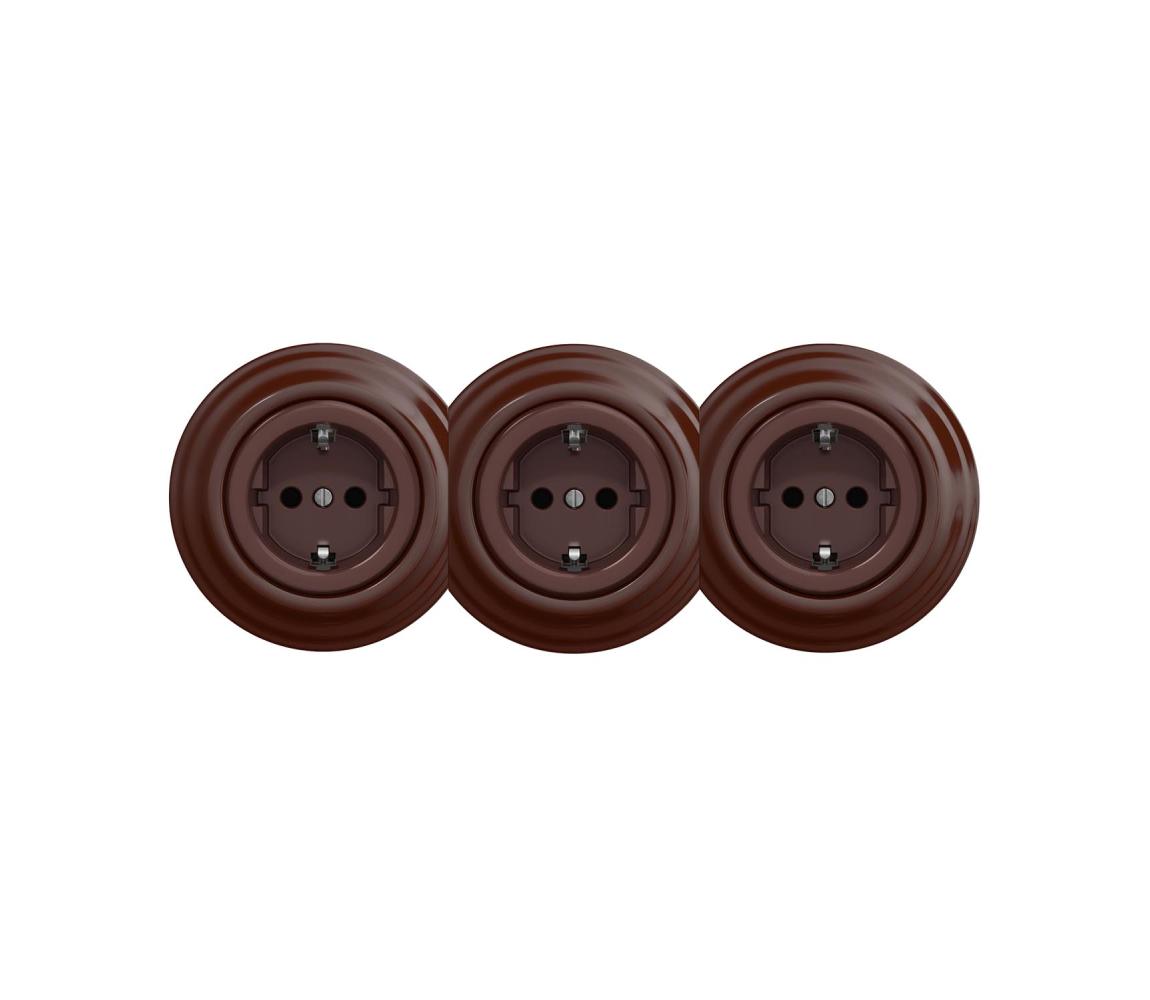 Reblig - Trojitá retro domová zásuvka s rámčekom SCHUKO 230 V hnedá RG0036+2xRG0035+3xRG0109