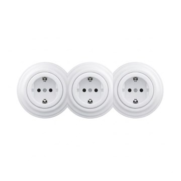 Reblig - trojitá retro domová zásuvka s rámčekom SCHUKO 230 V, snehovo biela