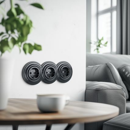 Reblig - trojitá retro domová zásuvka s rámčekom SCHUKO 230V antracit