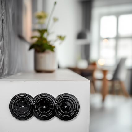 Reblig - Trojitá retro domová zásuvka s rámčekom SCHUKO 230V čierna