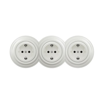 Reblig - Trojitá retro domová zásuvka s rámčekom SCHUKO 230V keramická biela