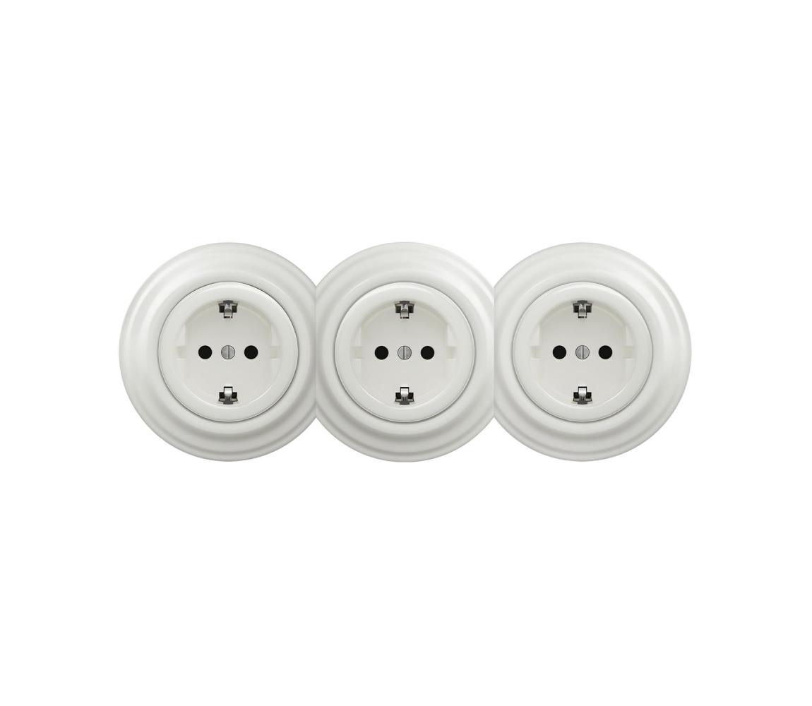 Reblig - Trojitá retro domová zásuvka s rámčekom SCHUKO 230V keramická biela RG0009+2xRG0008+3xRG0106