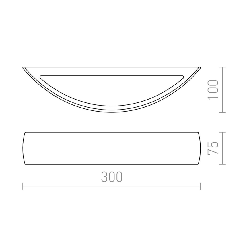 Technický výkres zobrazuje nástennú lampu. Lampa má polkruhový tvar s rozmermi 300x100 mm a valcovité telo s rozmermi 300x75 mm.