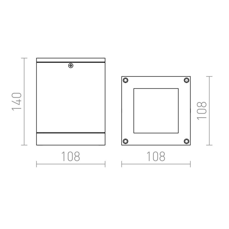 Technický výkres zobrazuje nástenné svietidlo. Svietidlo má rozmery 108 x 108 x 140 mm. Je štvorcového tvaru s otvorom pre svetlo.