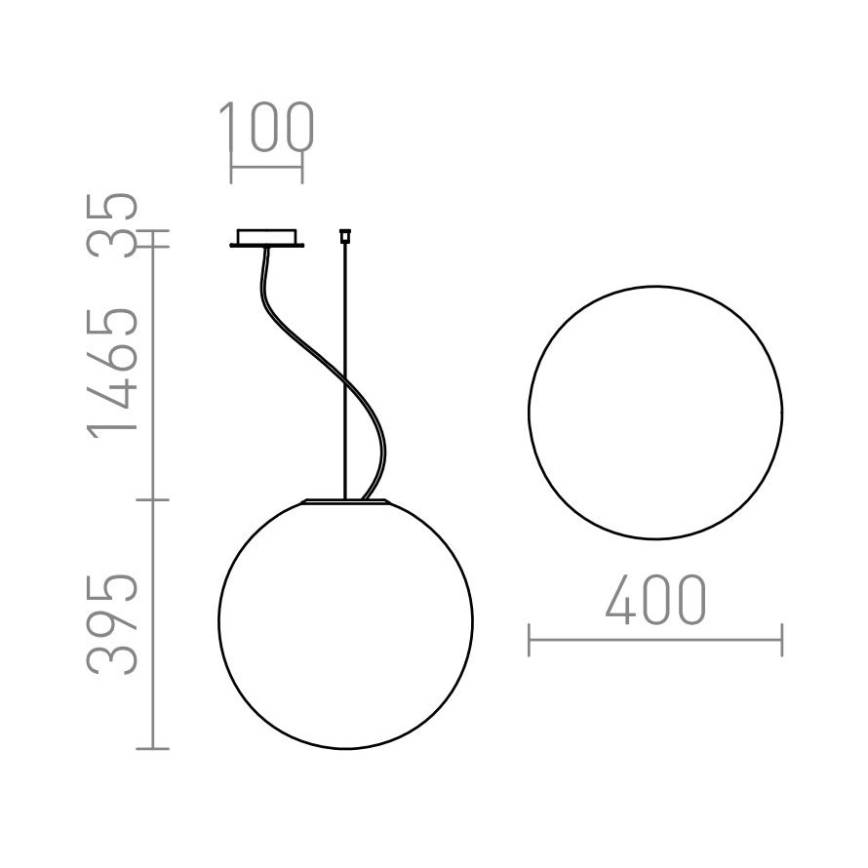 Svietidlo visí zo stropu. Je guľového tvaru, priemer 400 mm. Výška svietidla je 1465 mm, celková výška 1565 mm.