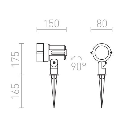 Záhradné bodové svietidlo s výškou 175 mm a šírkou 150 mm je otočné o 90°. Svietidlo je na zemnom kolíku s dĺžkou 165 mm. Priemer reflektora je 80 mm.