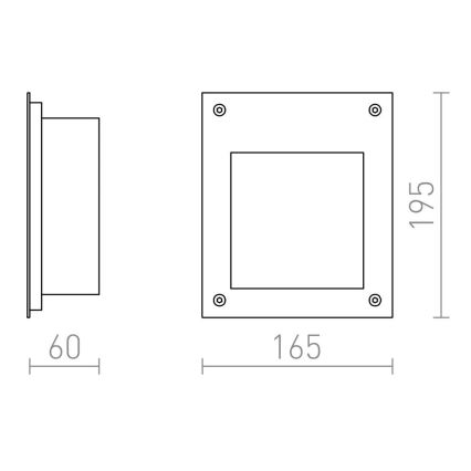 Nástená svietidlo s rozmermi 165 x 195 mm a hĺbkou 60 mm je zobrazené v čelnom a bočnom pohľade s označením rozmerov. Svietidlo má štvorcový tvar s vnútorným otvorom.