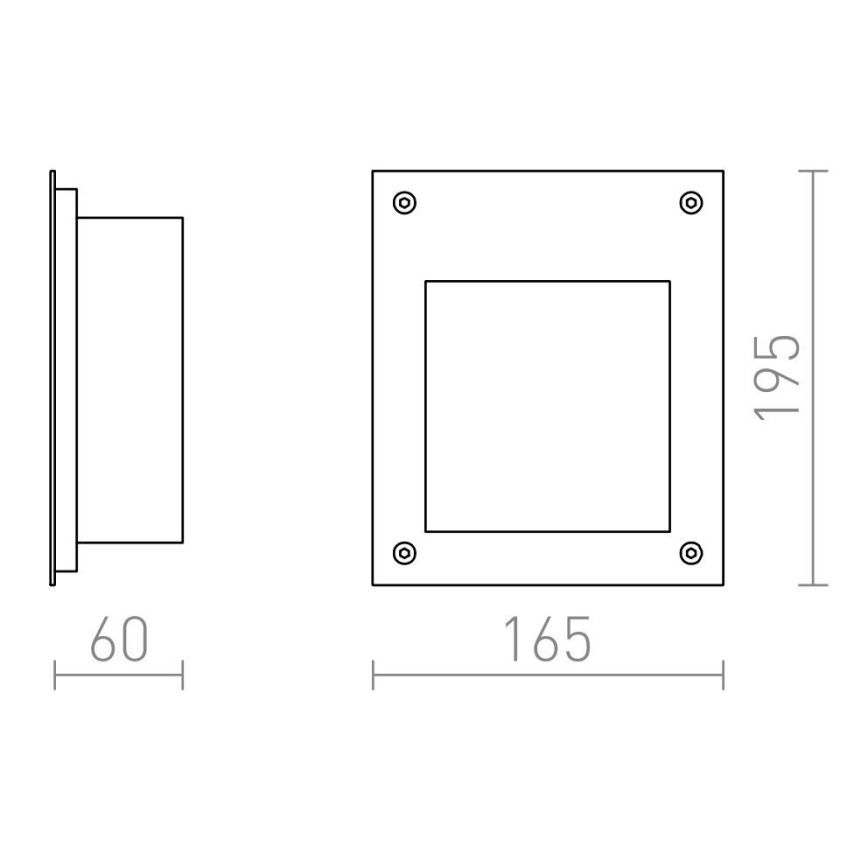 Nástená svietidlo s rozmermi 165 x 195 mm a hĺbkou 60 mm je zobrazené v čelnom a bočnom pohľade s označením rozmerov. Svietidlo má štvorcový tvar s vnútorným otvorom.