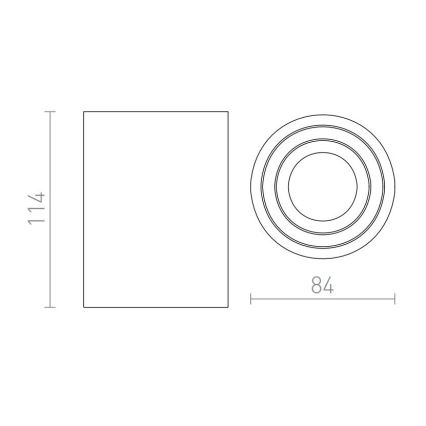 Technický výkres svietidla: štvorcový otvor rozmerov 114 x 114 mm, kruhový kryt s priemerom 84 mm.