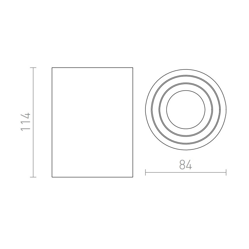 Technický výkres svietidla: štvorcový otvor rozmerov 114 x 114 mm, kruhový kryt s priemerom 84 mm.