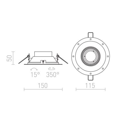 Svietidlo sa otáča o 350°. Má rozmery 150 x 50 mm a priemer 115 mm. Je znázornené v čelnom a bočnom pohľade s technickými údajmi.