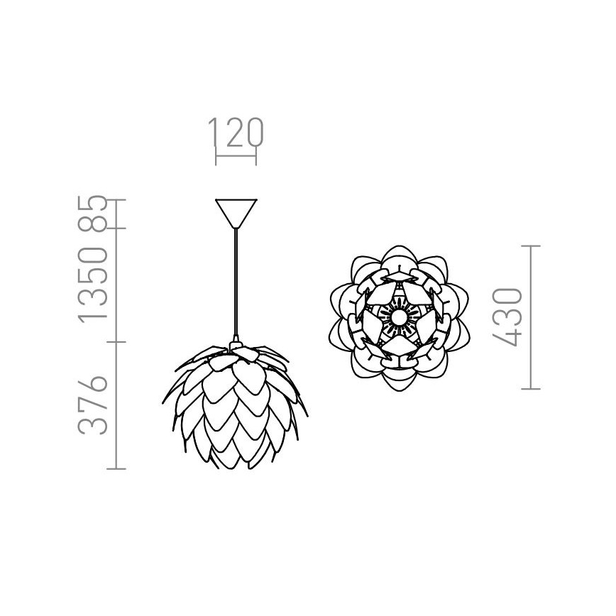 Závesné svietidlo v tvare šišky visí zo stropu. Má rozmery 37/1350/85 mm a priemer 430 mm. Výška svietidla je 120 mm.