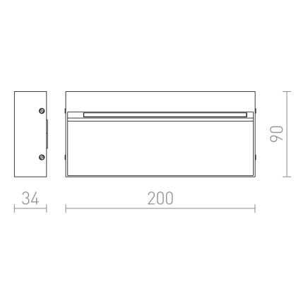 Obdĺžnikové nástenné svietidlo s vnútorným svetelným zdrojom je zobrazené v technickom výkrese s rozmermi 200 x 90 x 34 mm.