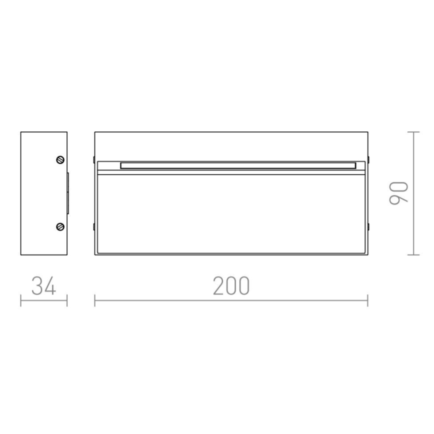 Obdĺžnikové nástenné svietidlo s vnútorným svetelným zdrojom je zobrazené v technickom výkrese s rozmermi 200 x 90 x 34 mm.
