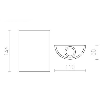 Technický výkres zobrazuje nástenné svietidlo. Svietidlo má polkruhový tvar s priemerom 110 mm a výškou 50 mm. Obdĺžniková krabica s rozmermi 146 x 110 mm je určená pre montáž.