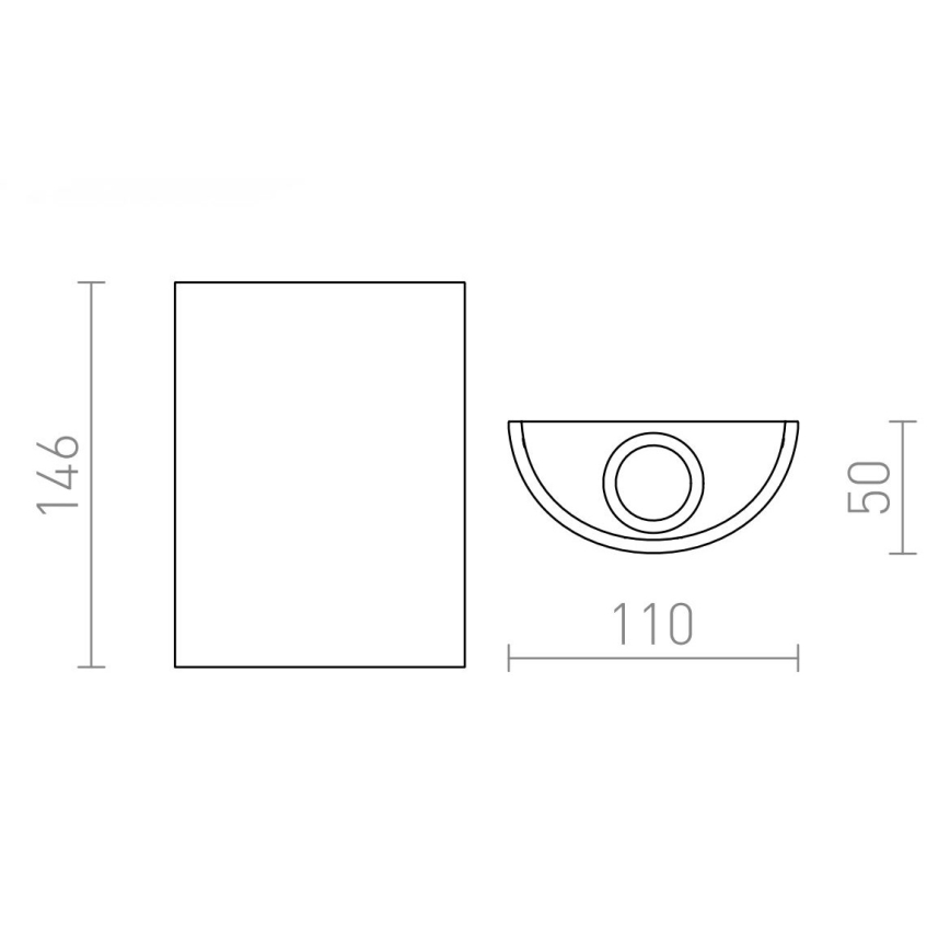 Technický výkres zobrazuje nástenné svietidlo. Svietidlo má polkruhový tvar s priemerom 110 mm a výškou 50 mm. Obdĺžniková krabica s rozmermi 146 x 110 mm je určená pre montáž.