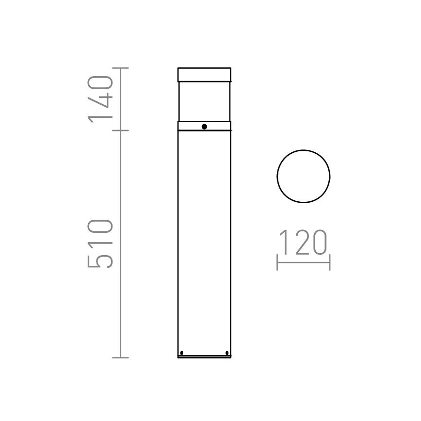 Technický výkres zobrazuje vonkajšie svietidlo s výškou 510 mm a priemerom vrchného difúzora 120 mm. Svietidlo má štíhly valcový tvar s horným a spodným krytom. Výška hornej časti je 140 mm.
