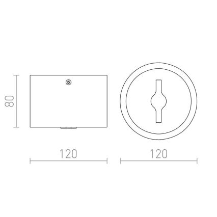 Technický výkres zobrazuje obdĺžnikovú a okrúhlu časť s rozmermi 120 x 80 mm a priemerom 120 mm. Obdĺžniková časť má otvor pre skrutku. Okrúhla časť má otvor s tvarom kľúčovej dierky.