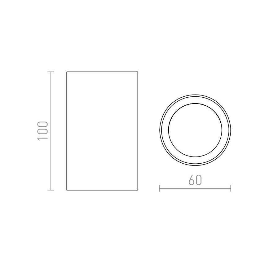 Technický výkres zobrazuje nástenné svietidlo. Svietidlo má obdĺžnikový tvar s rozmermi 100 x 60 mm. Je zobrazené v pohľade spredu a zhora.