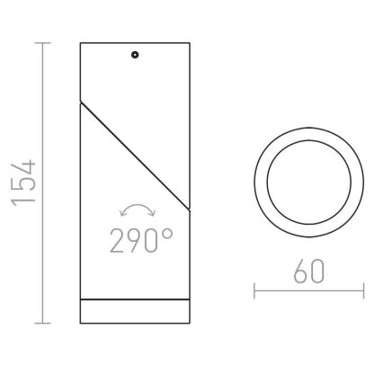 Technický výkres svietidla; rozmery 154 x 60 mm; uhol otočenia 290°.