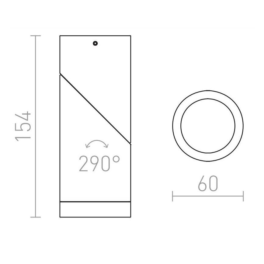 Technický výkres svietidla; rozmery 154 x 60 mm; uhol otočenia 290°.