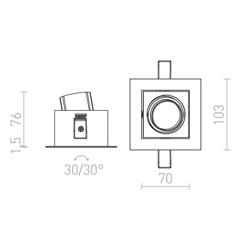 Technický výkres zapusteného bodového svietidla s rozmermi 70 x 103 x 15 mm. Svietidlo je otočné o 30/30°. Ukazuje pohľad spredu a zhora.