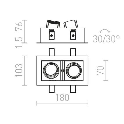 Dvojité svietidlo s rozmermi 180x103x70 mm je znázornené v technickej schéme. Svietidlo má dva kruhové svetlomety s uhlami 30/30°. Výška montážnej krabice je 15 mm.
