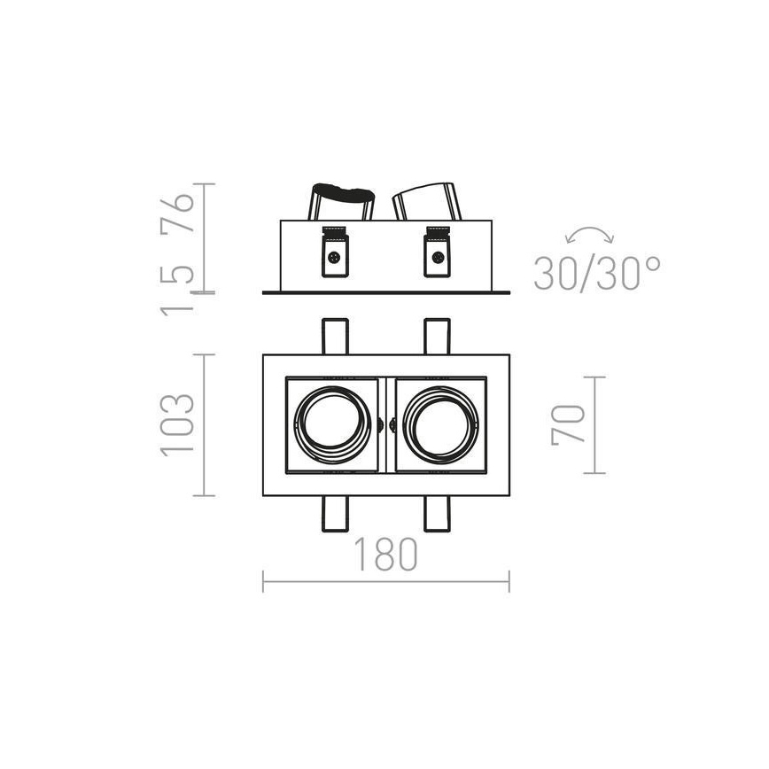 Dvojité svietidlo s rozmermi 180x103x70 mm je znázornené v technickej schéme. Svietidlo má dva kruhové svetlomety s uhlami 30/30°. Výška montážnej krabice je 15 mm.