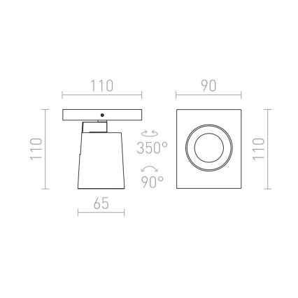 Technický výkres stropného svietidla s rozmermi 110 x 65 x 110 mm a štvorcovým nástavcom 90 x 110 mm. Svietidlo umožňuje natočenie o 350° a 90°.