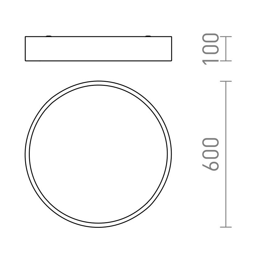 Technický výkres kruhového svietidla s priemerom 600 mm a výškou 100 mm. Svietidlo je znázornené v pohľade zhora a z boku.