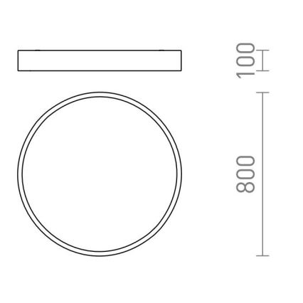 Kruhový a obdĺžnikový tvar predstavujúce rozmery svietidla. Rozmery sú 800 mm a 100 mm. Technická schéma.