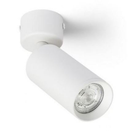 Biela bodová lampa svieti. Je pripevnená k stropu. Lampa má valcovitý tvar.
